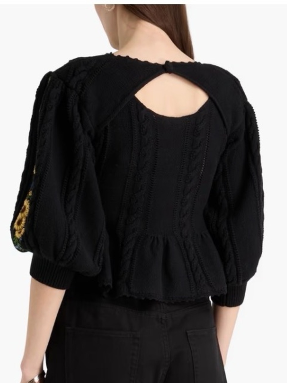 Farm Rio Black Embroidered Sunflower Cable Knit Peplum Sweater Top NWT Medium - Picture 2 of 13